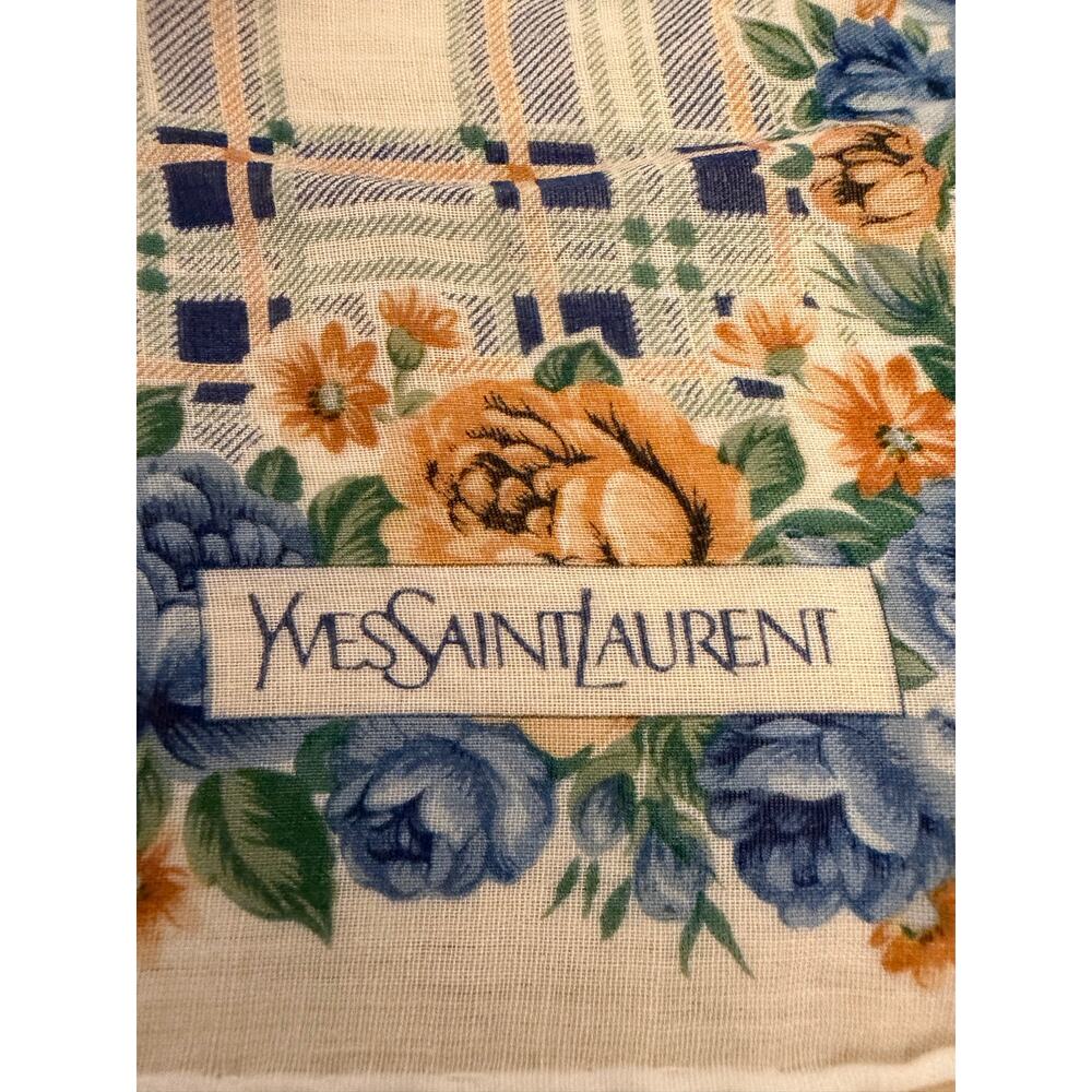 Yves Stain Laurent Scarf 15.5x15” in multi colored floral pattern over plaid
